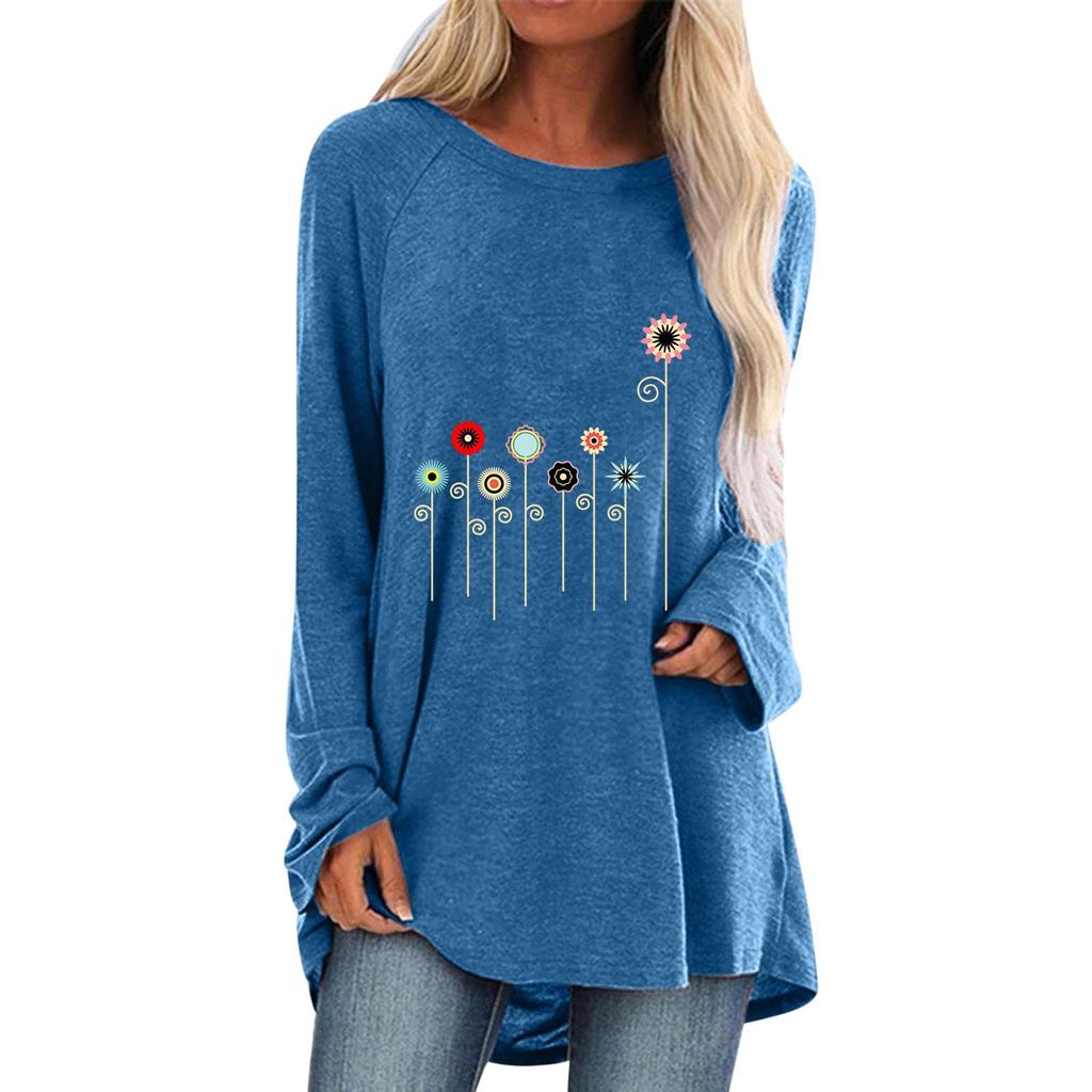 Ladies Flowers Printed Round Neck Long Sleeves Plus Size Cotton Tunic Loose T-Shirt Summer New Casual Fashion Women Clothing