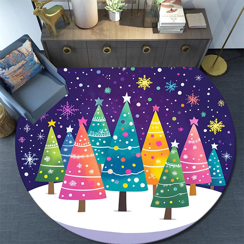 Colorful Trees Snow Winter Round Area Rug,Carpet Rug for Living Room Bedroom Sofa Playroom Decor,Non-slip Floor Mat