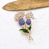 Korean Twin Flower Pearl Brooch: Blue Enamel Pin for Women's Fashion.