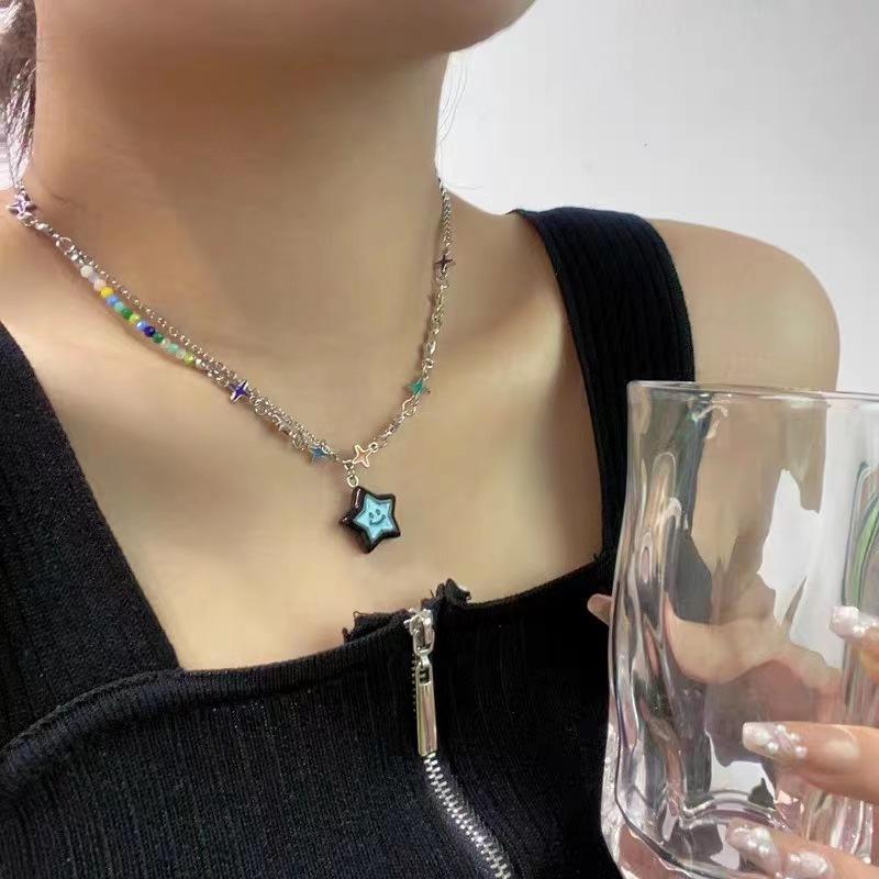 Lucky Star Color Splicing Necklace Women's Niche Design Sweet Cool Wind Dopamine Accessories Versatile Clavicle Chain Women