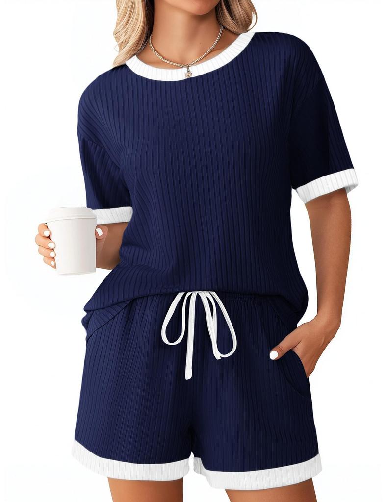 Women's Ribbed Short Sleeve Top and Shorts Set, Casual Loungewear with Contrast Trim, Multiple Color Options
