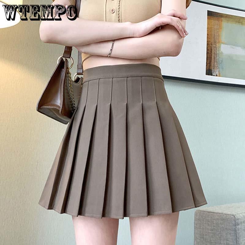 Pleated Skirt A-line High Waist Women Back Zipper Built-in Anti-light Safety Pants Slim Black Grey Hotswet Preppy Style Casual