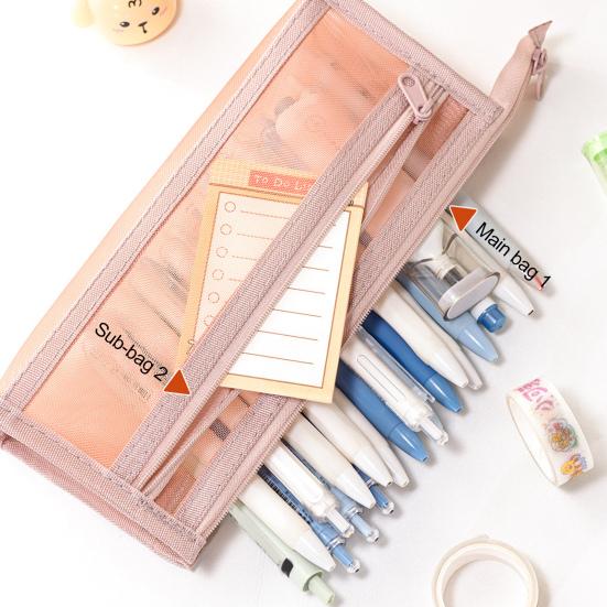 Mesh Pencil Case Compact Makeup Travel Case Large Capacity Portable Stationery Bag Transparent Nylon Organizer for School Exams