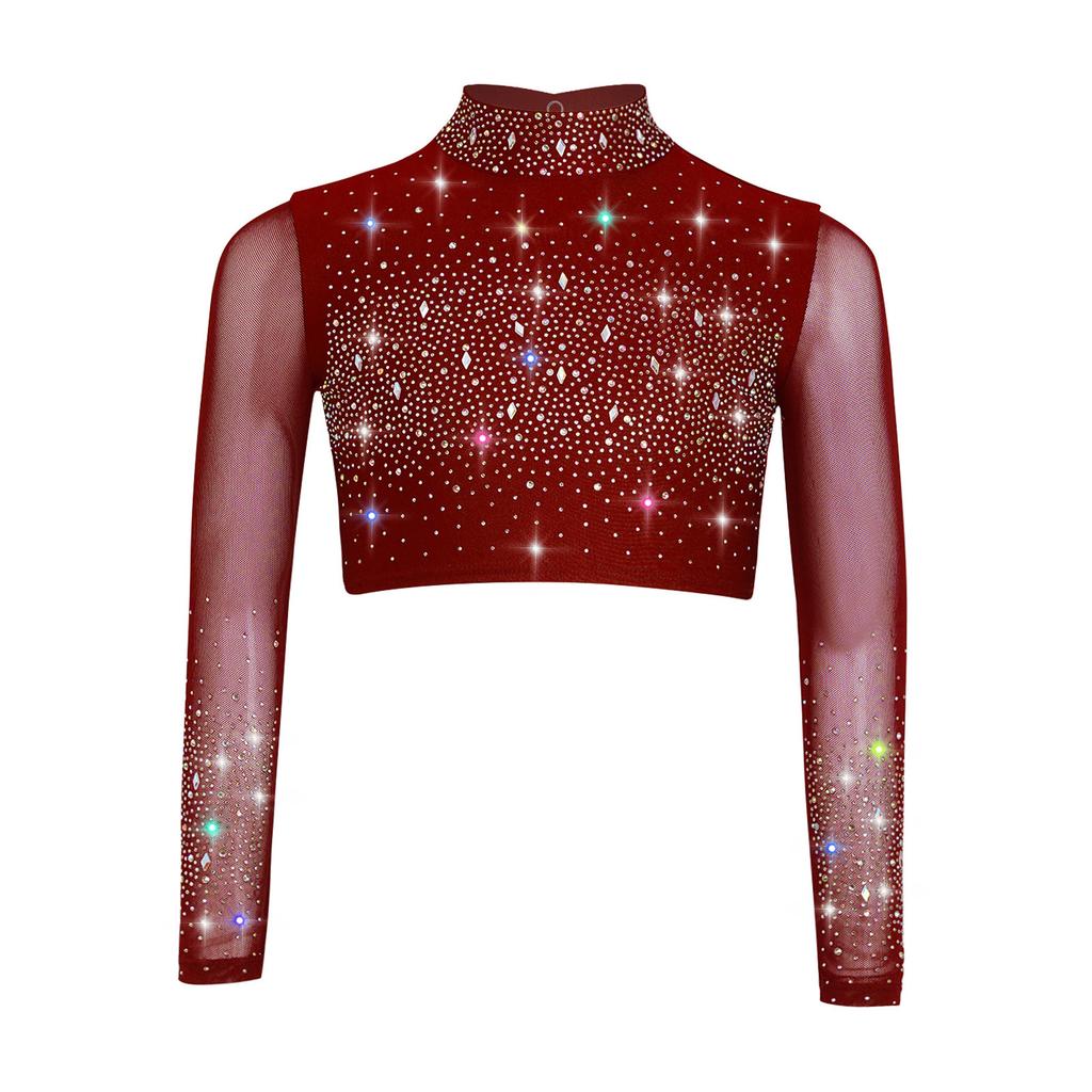 Dívčí průhledný síťovaný crop top s dlouhým rukávem a rolákem, lesklé kamínky, klíčová dírka vzadu, kostým pro lyrický tanec