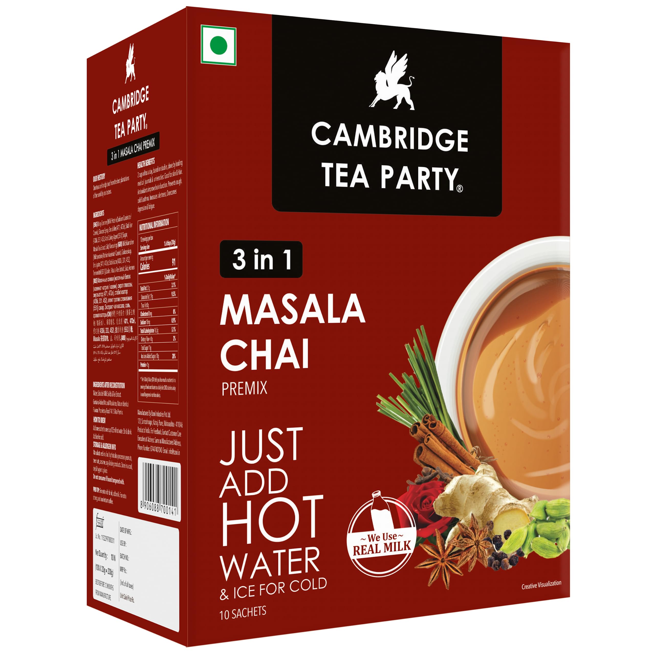 Cambridge Tea Party Instant Tea Masala Chai with Adrak Elaichi, 3 in 1 Premix Powder, 10 sachets