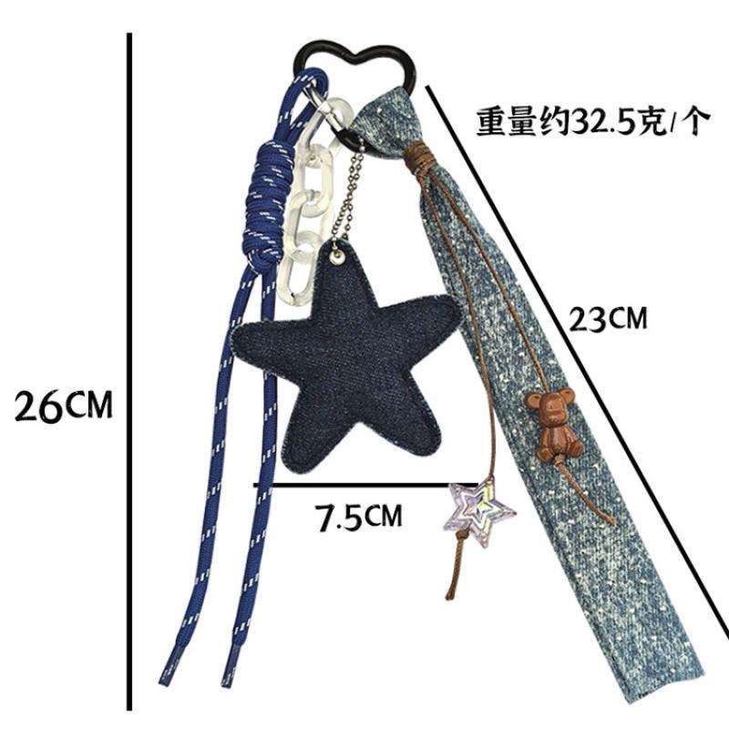 Portachiavi Pendente Laccio Intrecciato a Forma di Cuore Stella a Cinque Punte Stile Denim Creativo Trendy e Cool Pendente per Borsa Stile Ins