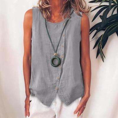 New Style Casual Sleeveless Button-down Shirt with Single Side Button Fastening, Loose Round-neck Pullover Blouse for Women