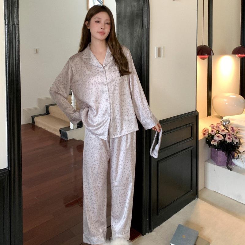 Korean Style French Fashion Leopard Print Ice Silk Pajamas for Women, Long Sleeve and Pants Set for Autumn and Spring