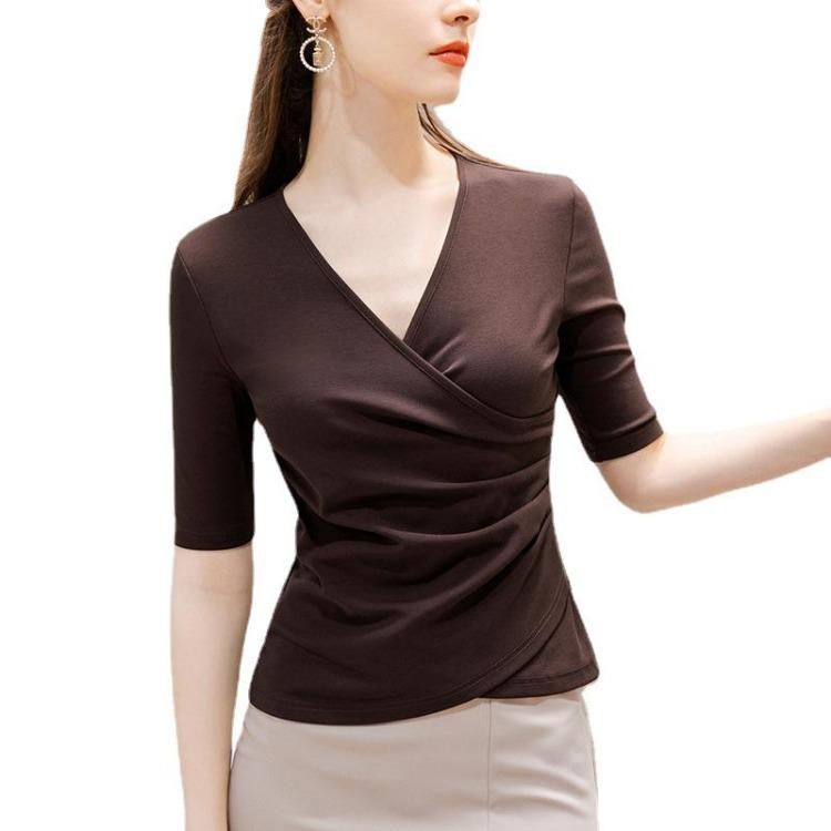 Women Summer Cotton V Neck Cross Waist Top Black Medium Sleeve Tshirt New