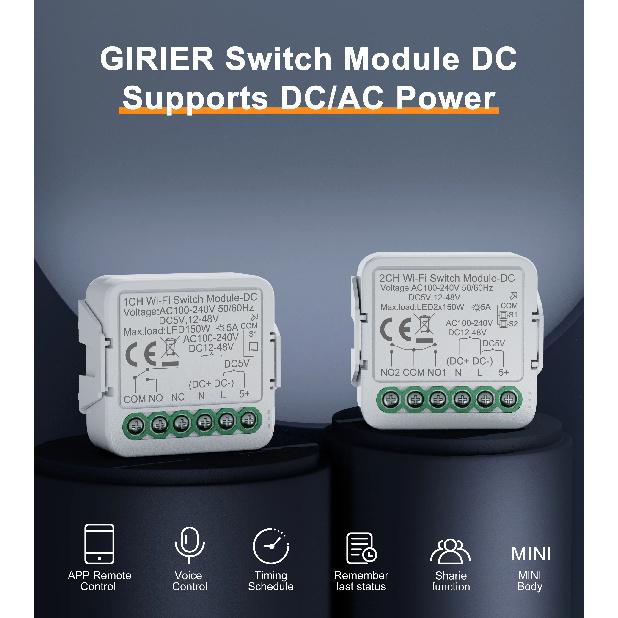 GIRIER Tuya Smart Dry Contact Switch Module WiFi DIY Breaker Relay Supports DC5V/12-48V AC100-240V Input/Output Works with Alexa