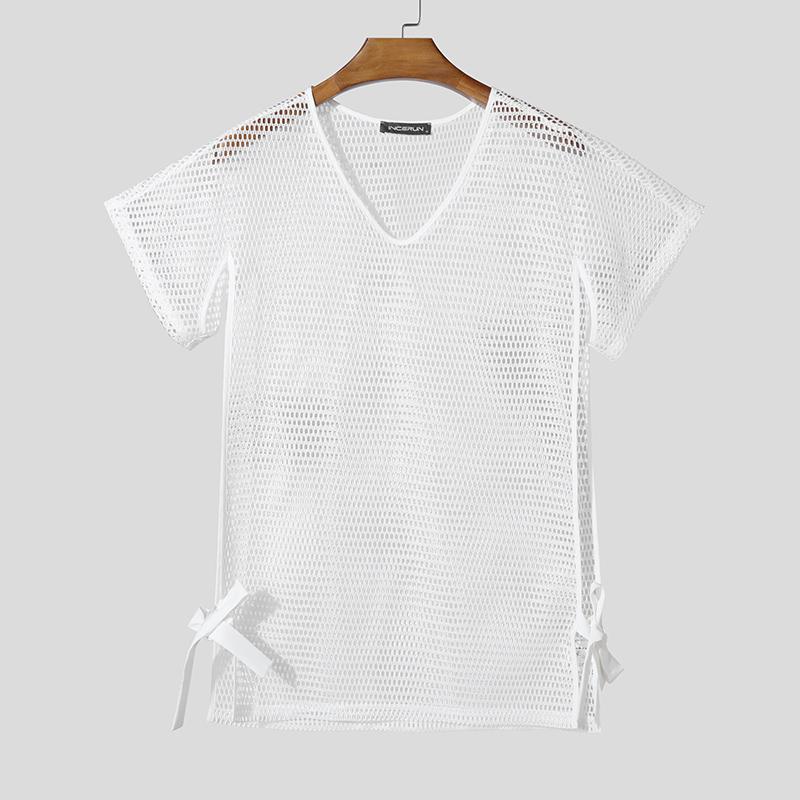 

INCERUN Летние мужские футболки с коротким рукавом, сетчатые, прозрачные, с вырезами по бокам и шнуровкой, для клубных вечеринок 3XL белый