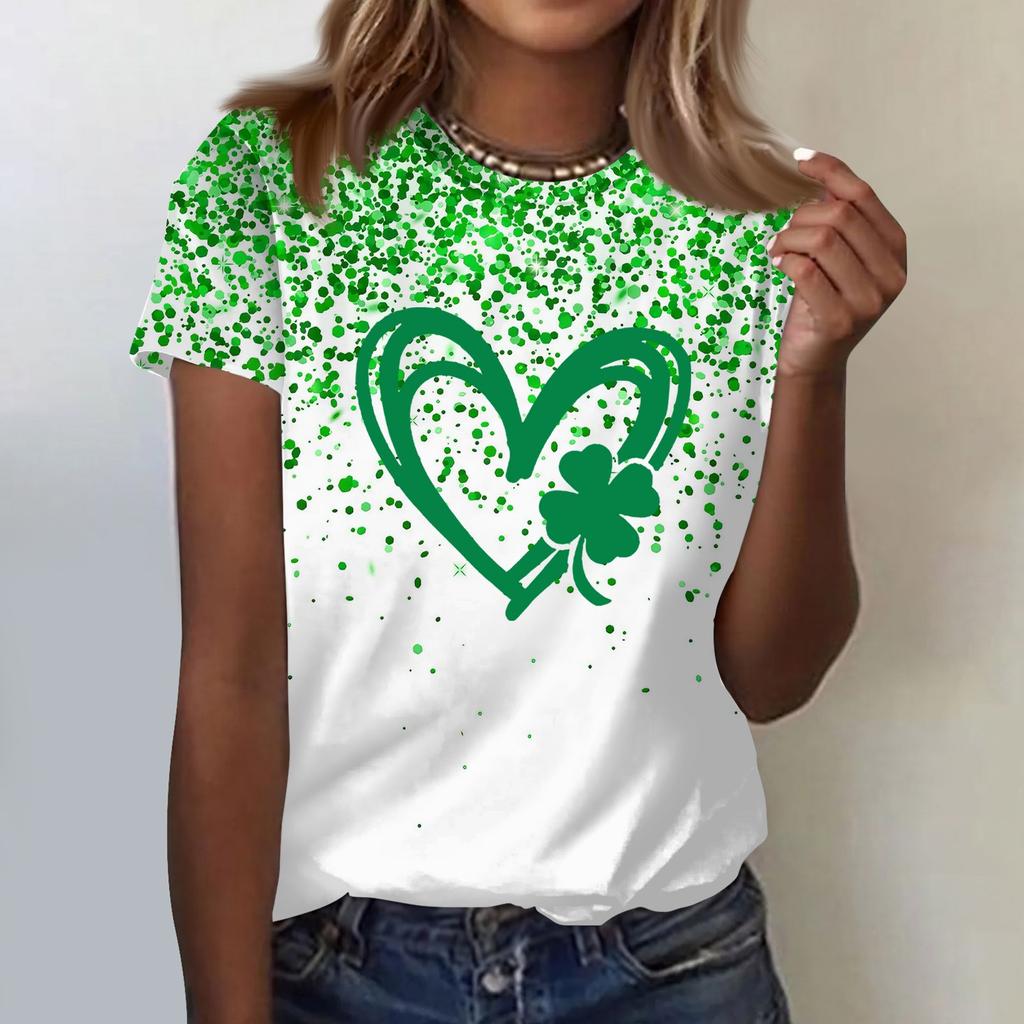 Women's  Casual Short Sleeve Shirts Fashion St Patrick's Print Tunic Tops With Pockets