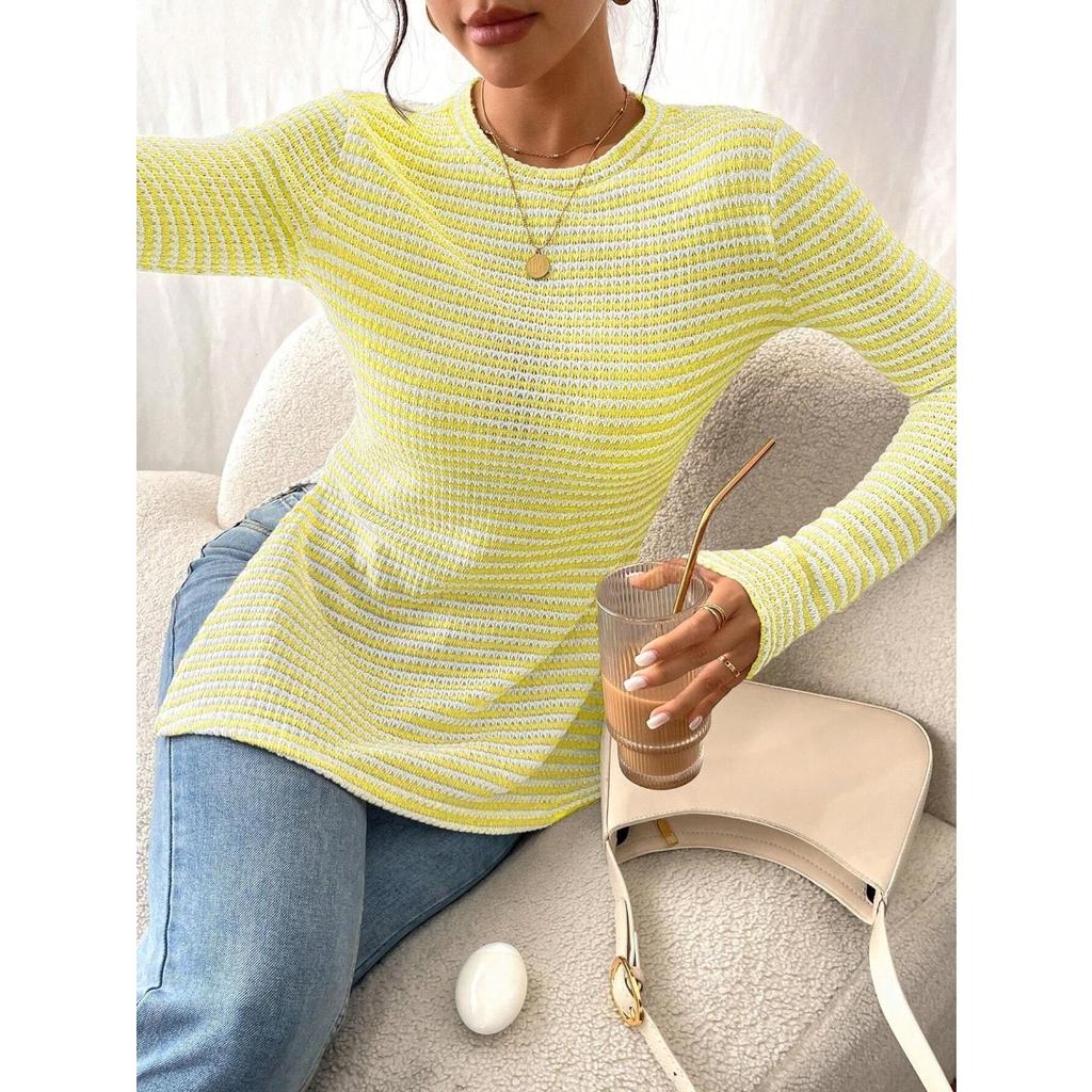 Nowa, swobodna, damska koszula z okrągłym dekoltem i długim rękawem, uniwersalny top z rozcięciem, seksowny T-shirt