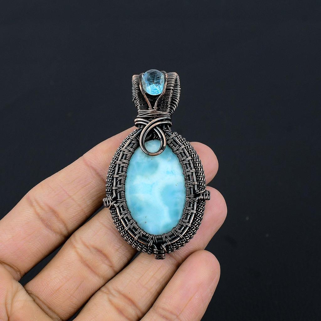 Larimar Pendant Gemstone Jewelry, 999 Copper Wire Wrapped Pendant, Handmade Jewelry Birthstone Pendant, Gift For Him