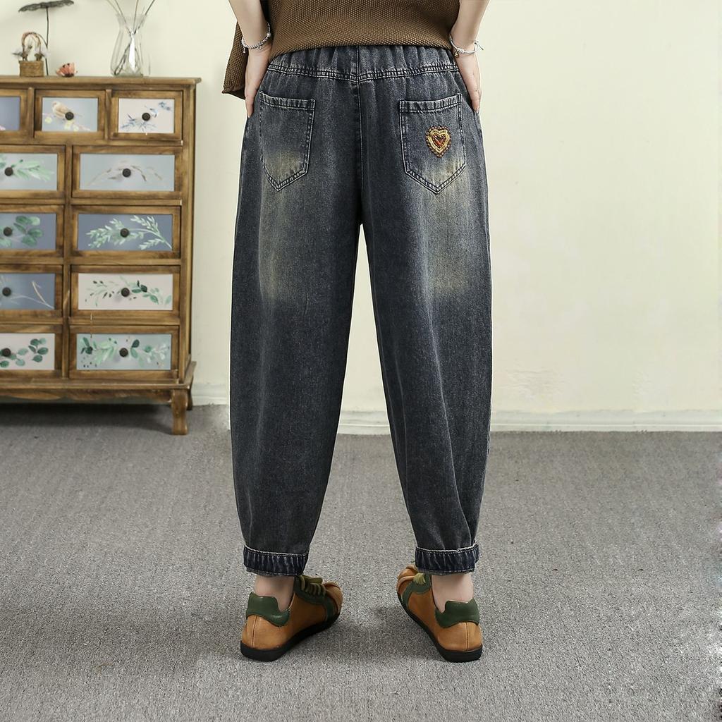 Herbst Neu Elastische Taille Groß Retro Chinesische Stickerei Jeans Harems Hose Damen