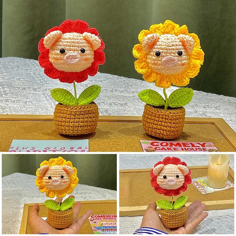 Pig Crochet Flower Decorative Flower Potted Kawaii Knitted Pot Flower Wedding Party Room Decor Potted Kawaii Knitted Pot Pig