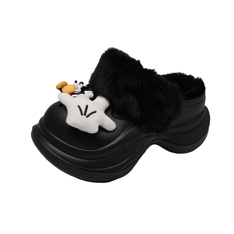 Cute Cartoon Sherry Rose Velvet Hole Shoes for Women To Wear 2025 Autumn and Winter New Muffin Thick-soled Cotton Slippers