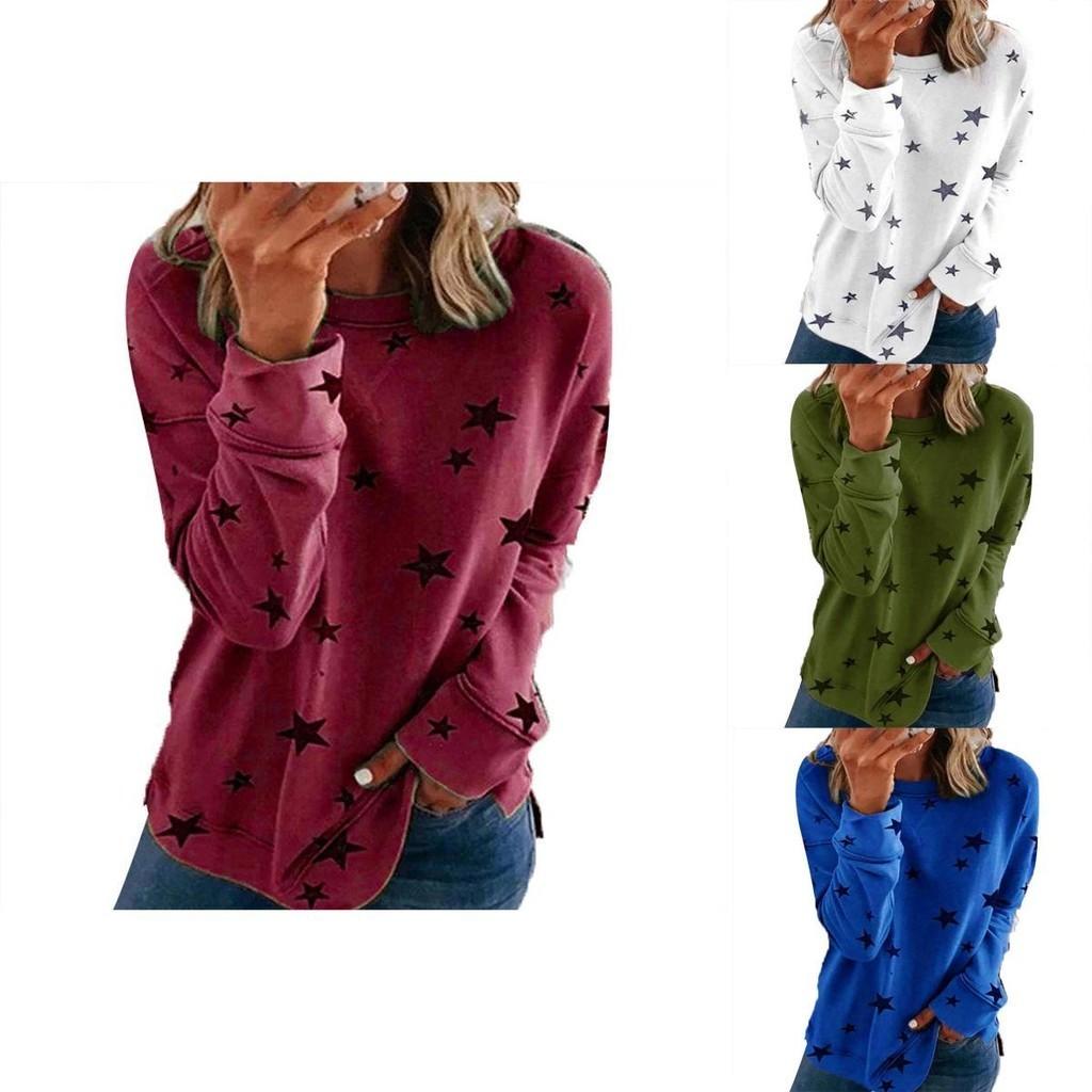 Women Casual Tunic Crew Neck Long Sleeve Star Print Tee Top Blouse For Daily Comfort And Style