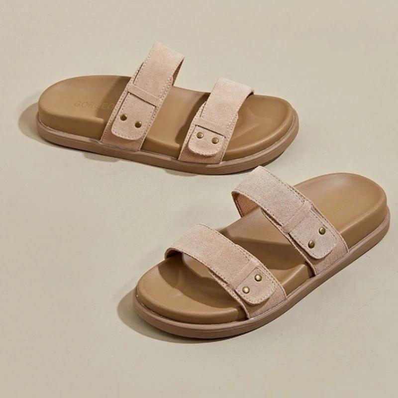 2024 Summer Hot Selling Women's Shoes Fashion Open Toe Women's Flat Shoes Solid Color Medium Heel Casual Beach Women's Slippers