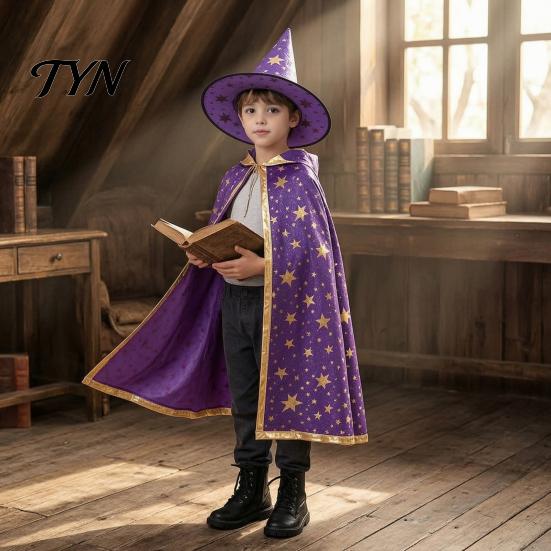 Dreamy Gold Edge Witch Costume Kids Wizard Cloak with Hat for Boys Girls, Halloween Kindergarten Activities Cape Prop Party Cosplay