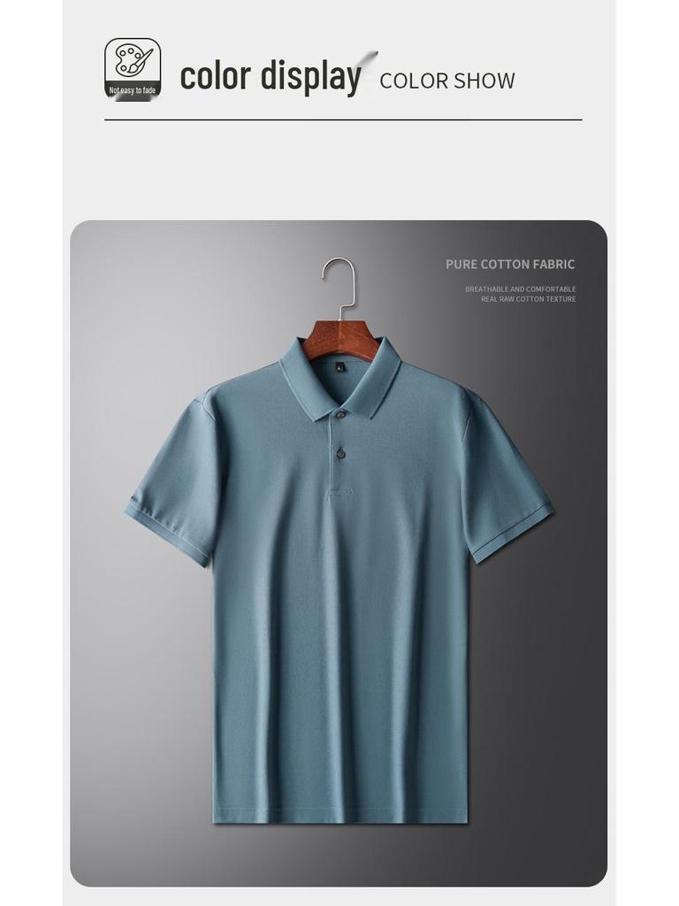 Men's Solid Color 100% Cotton Polo - Short-Sleeve, Summer Casual Lapel Top for Middle Age