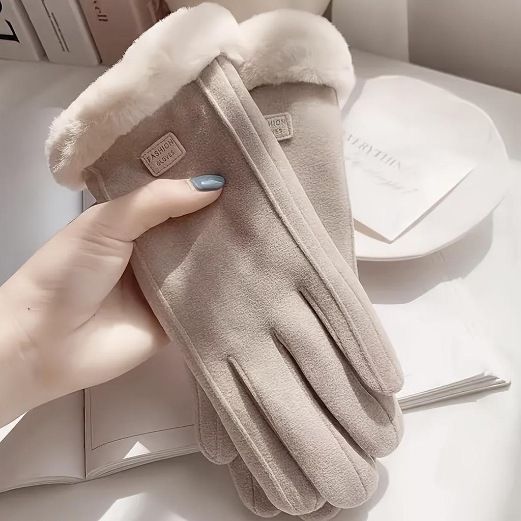 Comfortable Beige Touchscreen Gloves with Plush Lining - Providing Thick and Warm Winter Protection for Outdoor Leisure