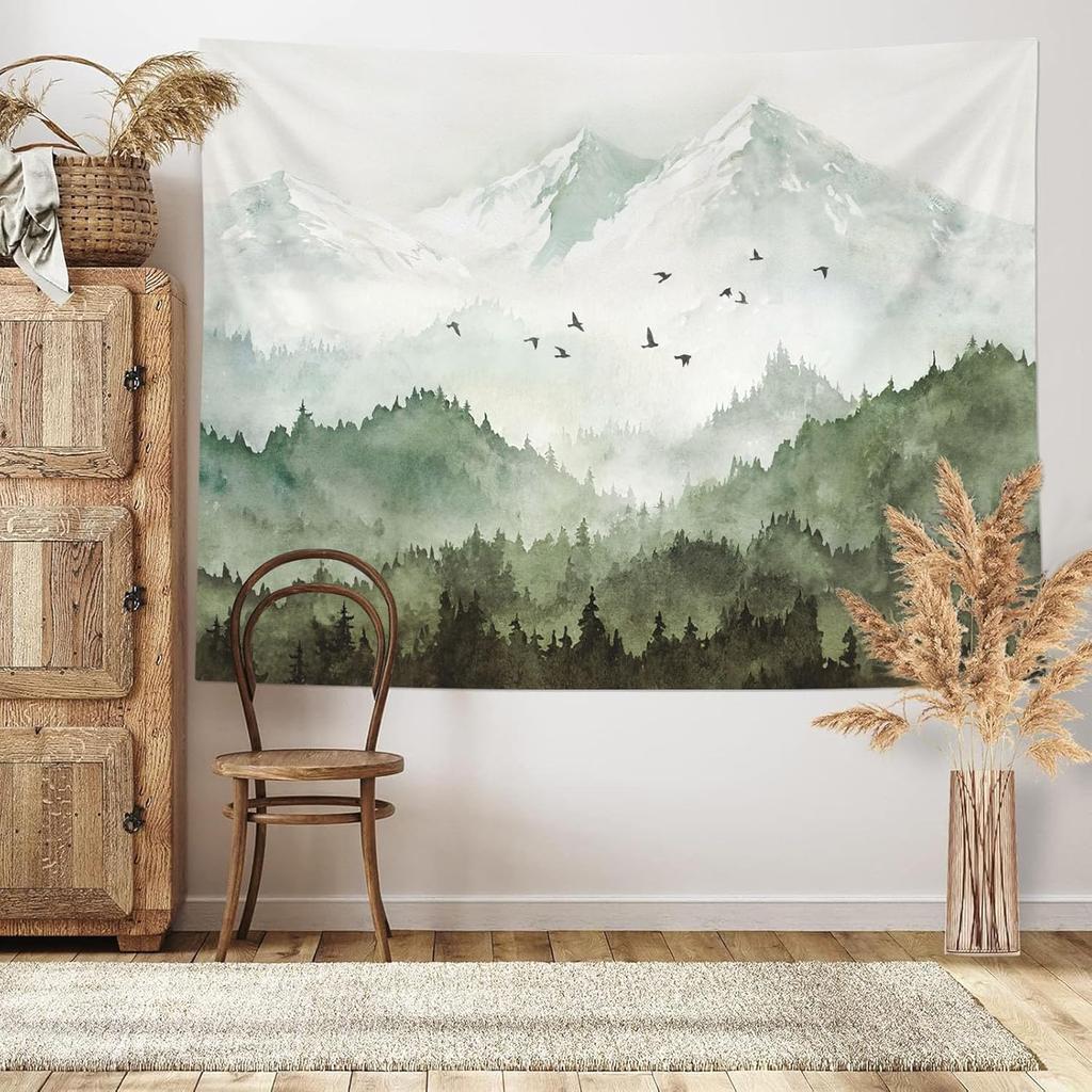 kampdream Mountain Forest Tapestry, Misty Foggy Teal Blue Tree Landscape Watercolor Art Wall Tapestries, Nature Scenery Tapestry