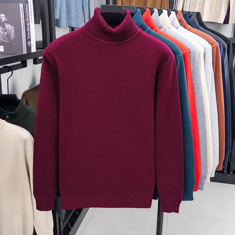 Autumn Mens Knitted Turtleneck Sweater Slim Fit Long Sleeve Anti-pilling Pullover Solid Color Trend Men Streetwear