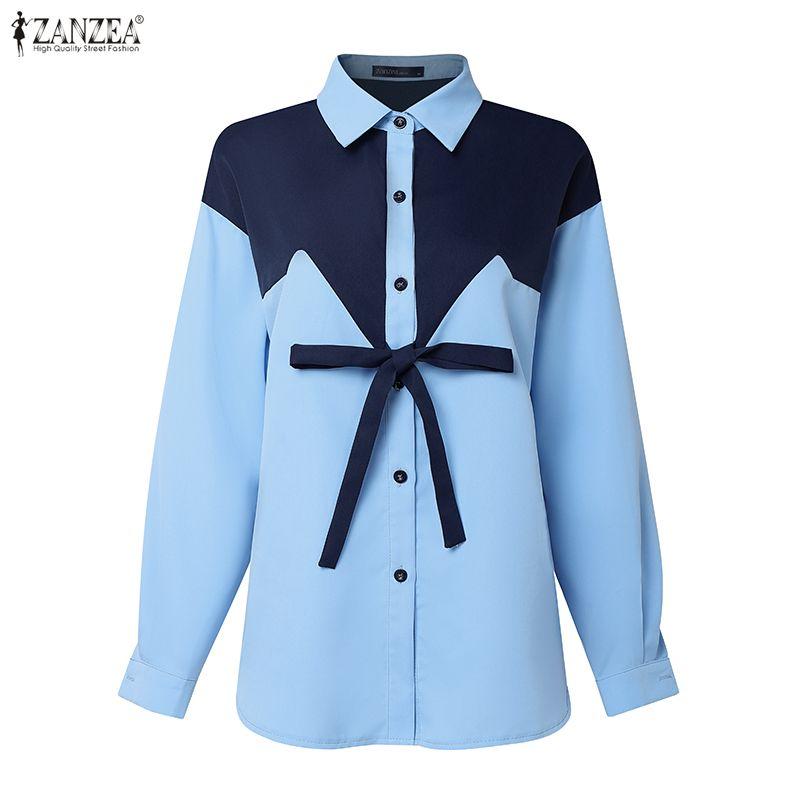 ZANZEA Damska bluzka z długim rękawem i kołnierzykiem typu „klik”