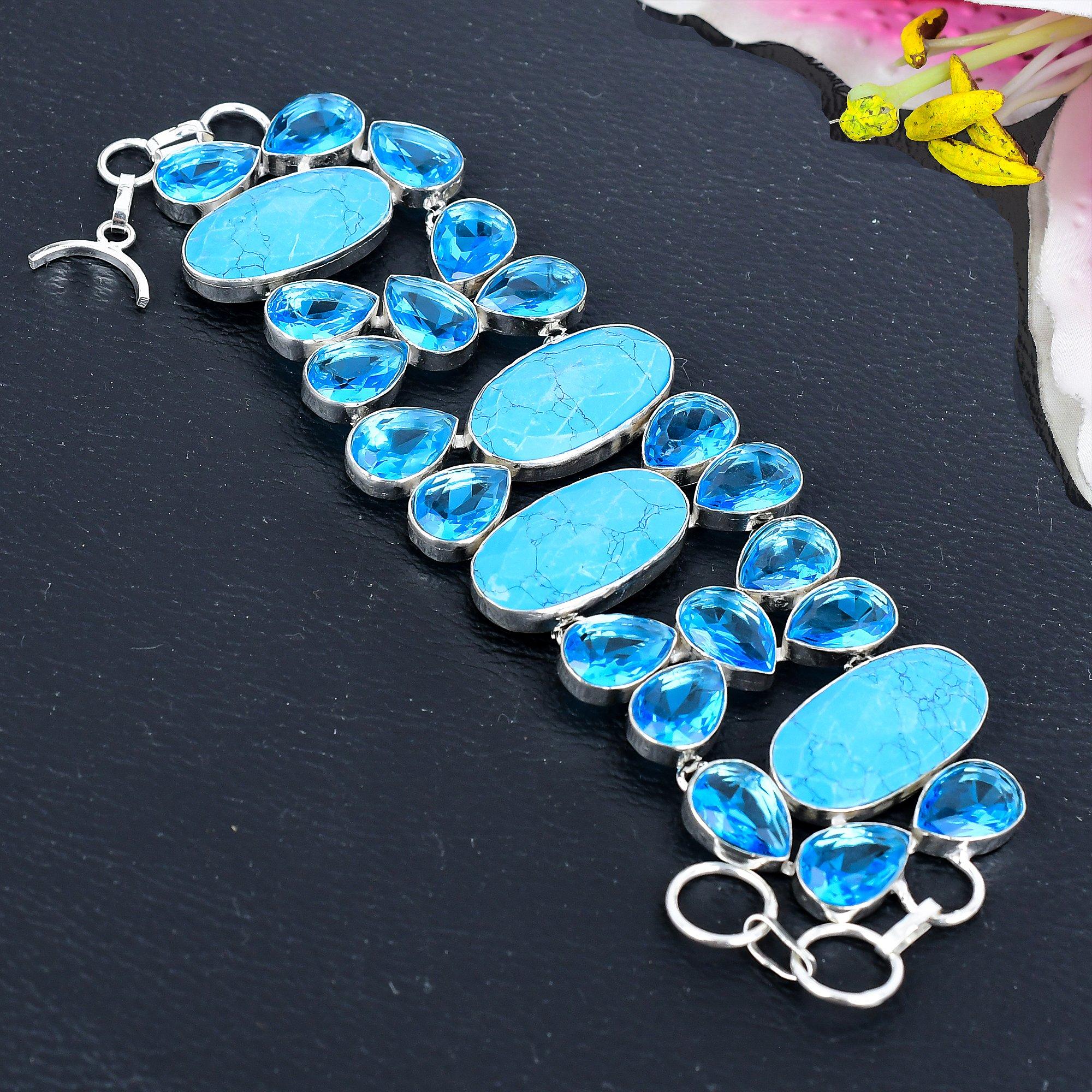 

Arizona Turquoise, Blue Topaz Gemstone 925 Sterling Silver Bracelet 7-8 KG-1806