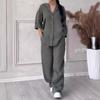 Women Casual Solid V Neck Set Fashion Autumn Spring Two Piece Set Sets Shirt Wide Leg Pant Long Sleeve Suit