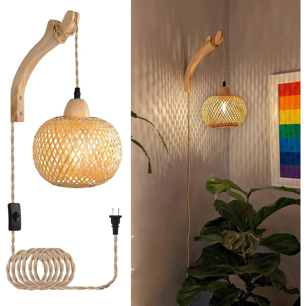 Plug In Wall Sconces Wicker Wall Lamp with Plug In Cord Hand Light Farmhouse Rustic Wall Sconces Boho Sconces Wall Lighting for Living Room Bedroom