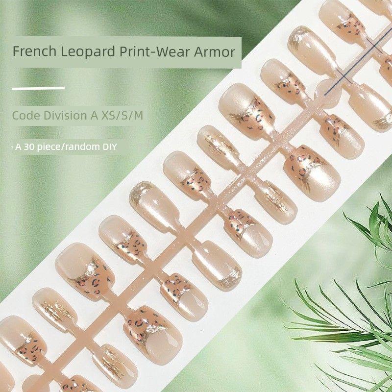 

Sweet Nude Pink Cat Eye 30 Pieces French Style Pile Rhinestone Long Nail Stickers Versatile Diamond Christmas Leopard Print Prefabricated Nail Tip YM571 French Leopard Gold 30 Pieces/Strip
