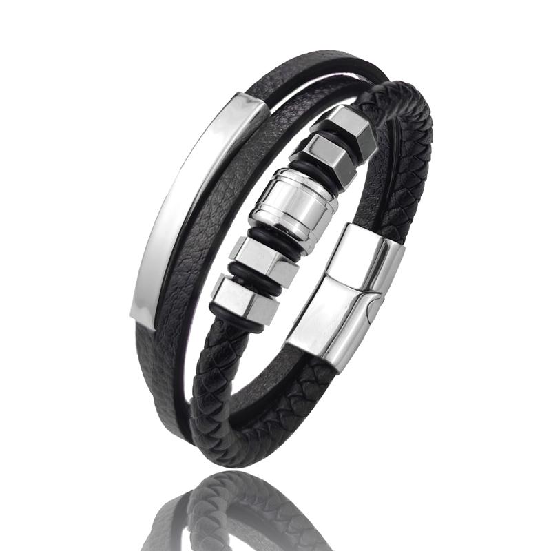 

Fashion Stainless Steel Plated Gold Hexagon Charm Men s Luxury Leather Bracelet Classic for Handsome Boys Birthday Gift Pulseira 18cm