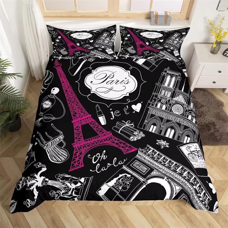 Eiffel Tower Duvet Cover Chic Paris Bedding Set Microfiber Modern French Style Romantic Theme Comforter Cover With Pillowcase