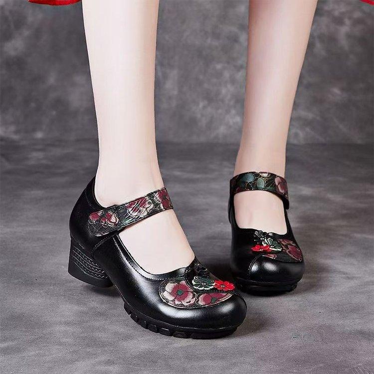 Retro Ethnic Style Women's Shoes 2025 Spring New Shallow Mouth Single Shoes Thick Heel Soft Sole Comfortable Women's Leather Shoes Mother Shoes