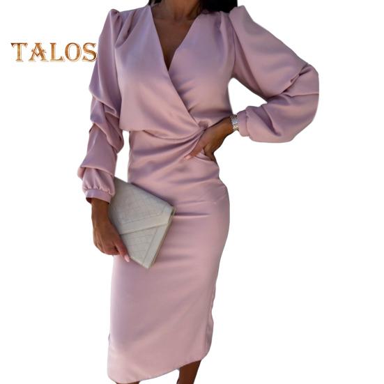 Fall Spring Women Dress V Neck Bubble Sleeves Formal Business Style Slim Fit Solid Color High Waist OL Commuting Office Midi Dress