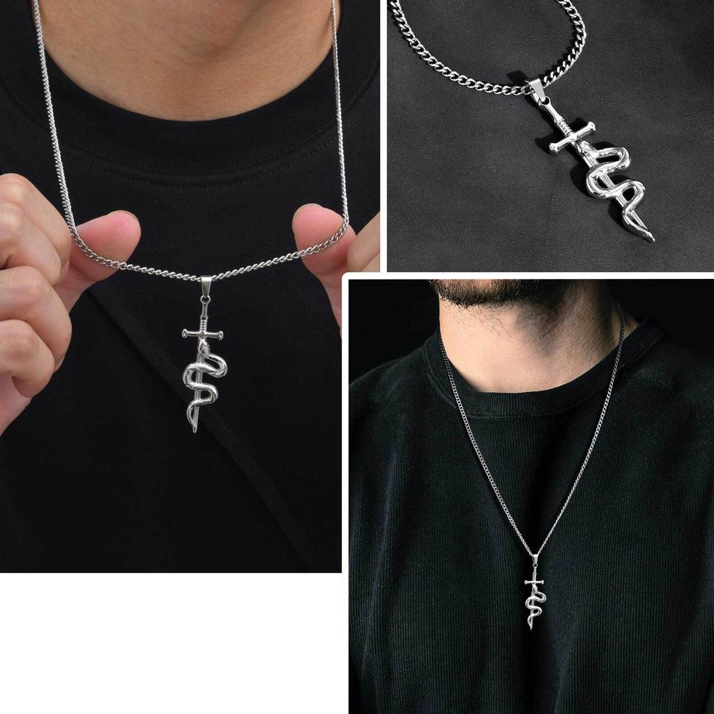 Vnox Stainless Steel Punk Cross Snake Pendant Necklace for Men, Cuban Chain Silver Color Snake Necklaces, Daily Jewelry Gifts