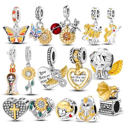 Gold Plated Sunflower Butterfly Pendant Love Charms Beads Fit Original Charms Bracelet Diy Copper Jewelry Gift