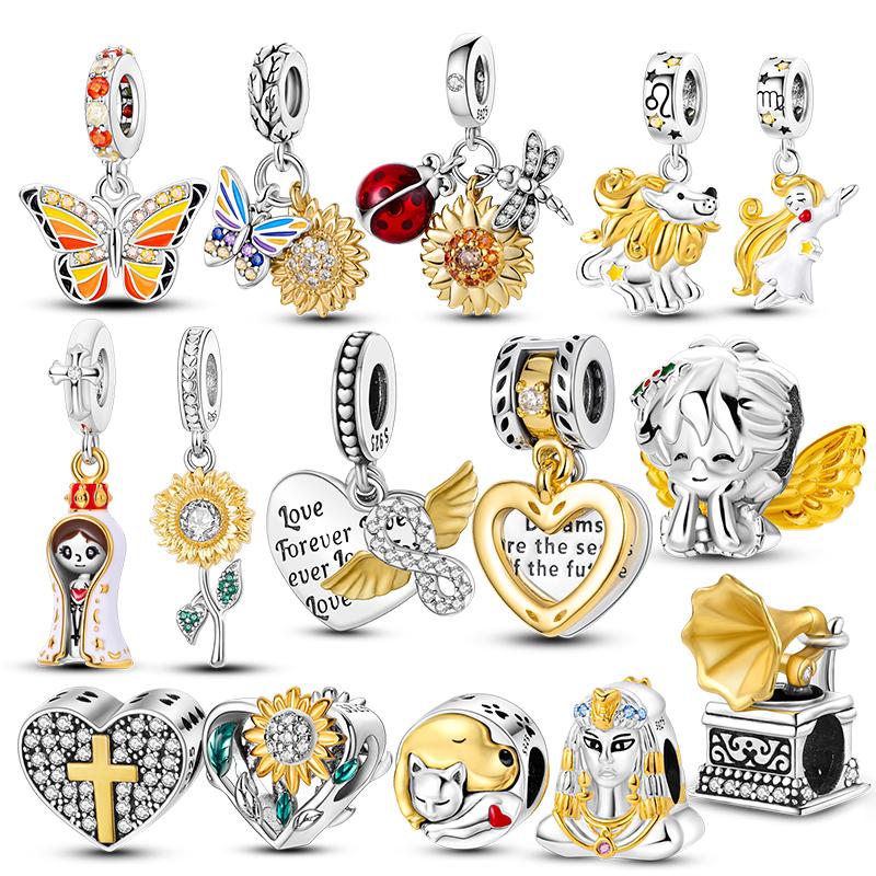 Gold Plated Sunflower Butterfly Pendant Love Charms Beads Fit Original Charms Bracelet Diy Copper Jewelry Gift