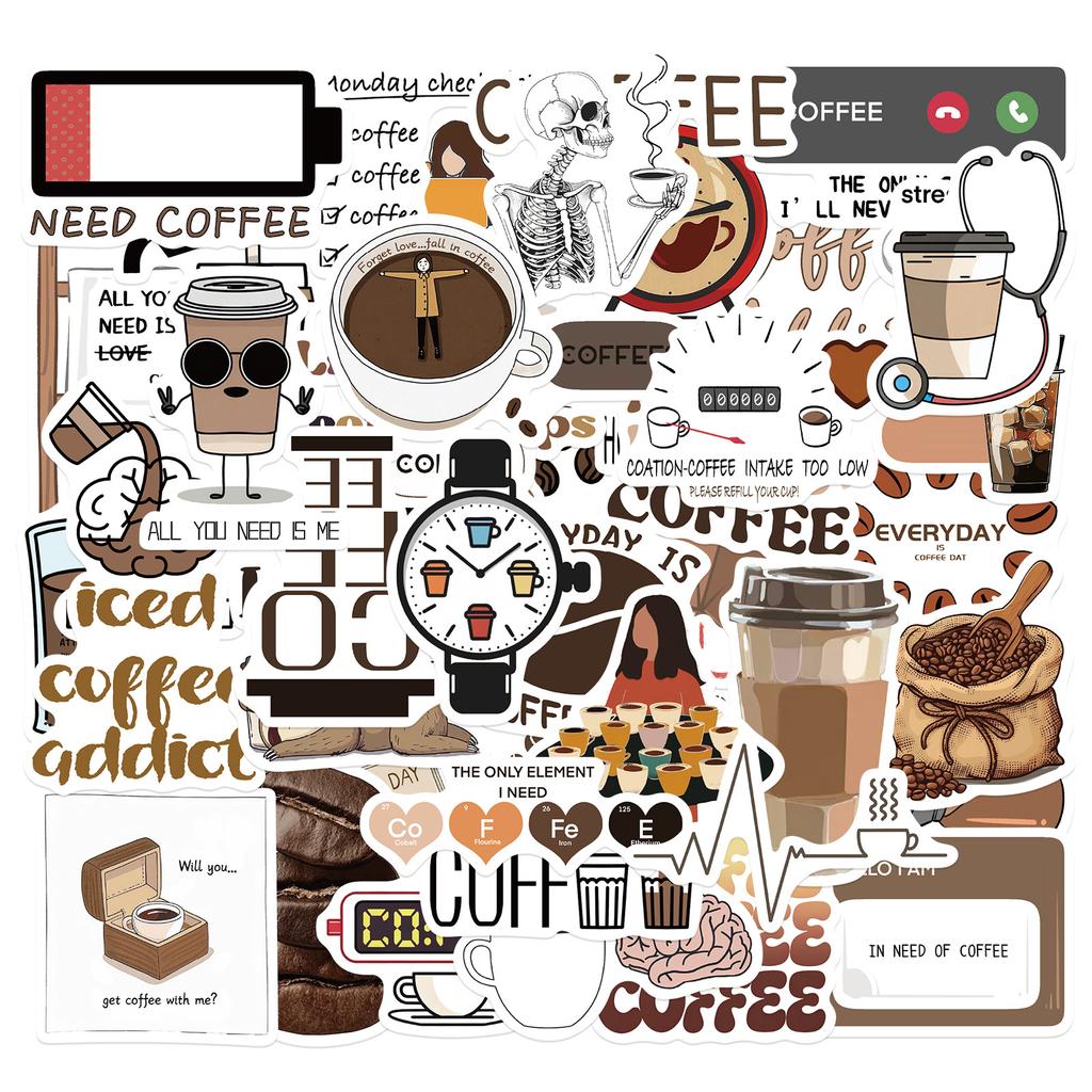50 Pieces of Coffee Lovers' Stickers for Fun Collage DIY Cups, Computers and Luggage Cases