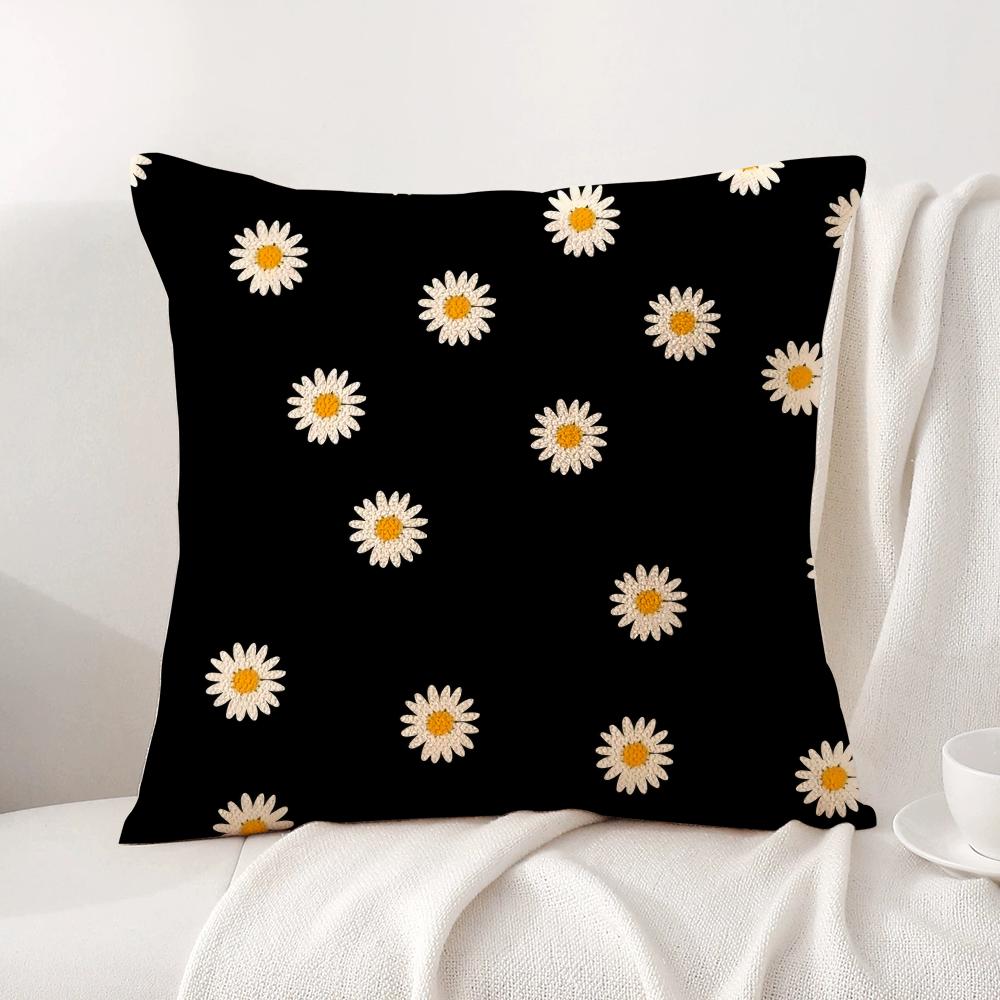 Black Daisy Cushion Cover Natural Linen Organic Fabric Double-Sided Printing Sofa Home Decor Gift Pillow Cover