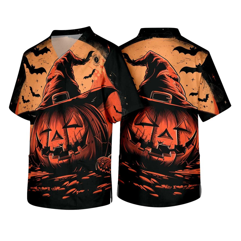 Men's Short Sleeve V Neck Halloween Print Medical Scrub Top with Chest Pocket Comfortable Fit Durable Fabric Suitable for Healthcare Professionals