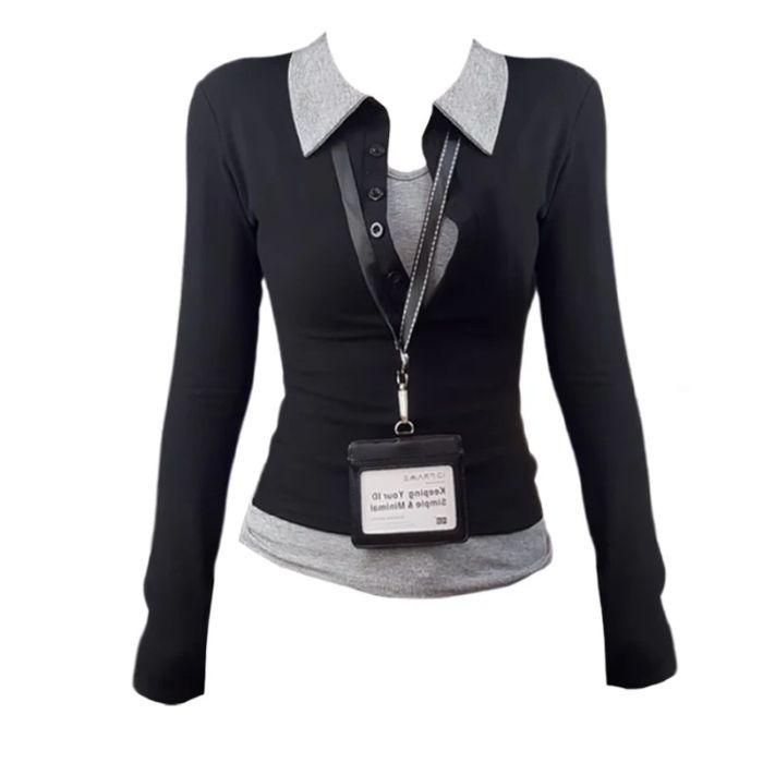 

Sweet Girl Pure Desire Polo Collar Two-Piece Long Sleeve Slimming Autumn Top S