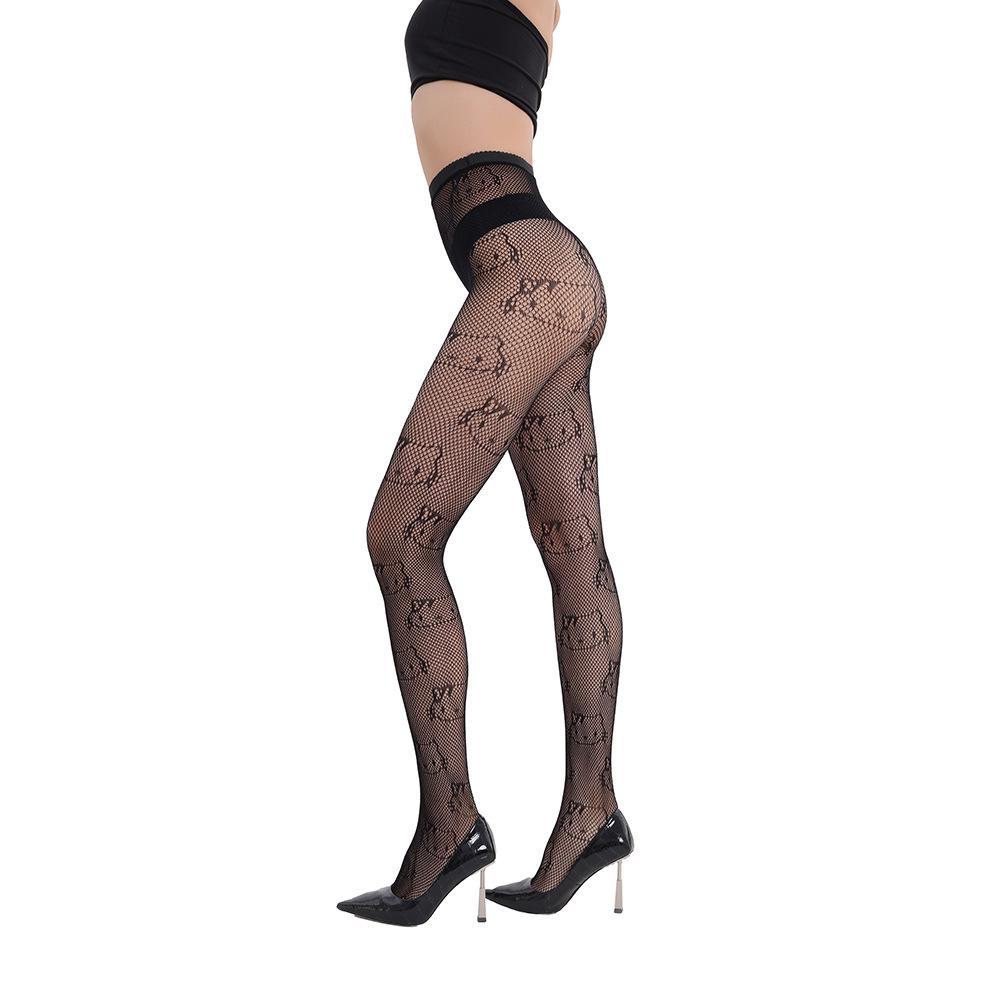 European & American Kitten Pattern Jacquard Fishnet Stockings