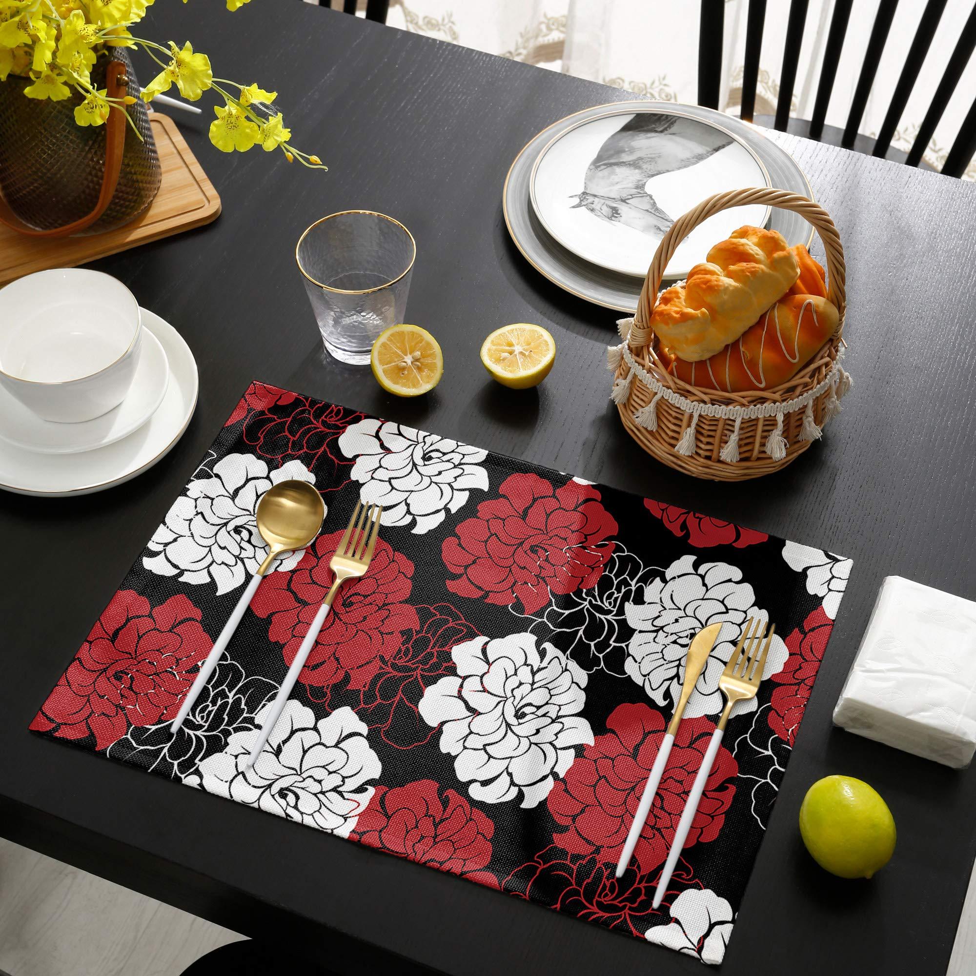 

4-Piece Set Woven Polyester Table Placemats - Abstract Peony Flower Pattern, Reusable Non-Slip, Machine Washable, Heat Resistant 12x18in-4PCS