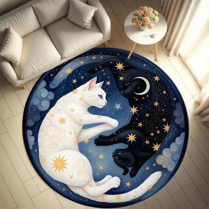 Yin Yang Rug Cat Cat Rugs Round Rug Circle Rugs Animal Rug Round Mats Moon Boho Rug Luxury Rug Cat Lover Rug Doormat Carpet