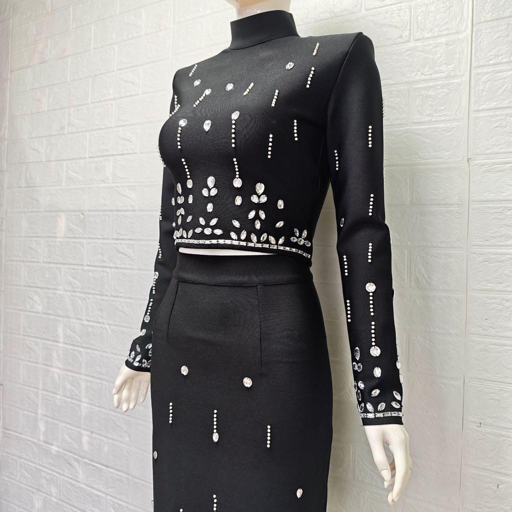 Elegant Rhinestone-Encrusted Bandage Top & Skirt Set