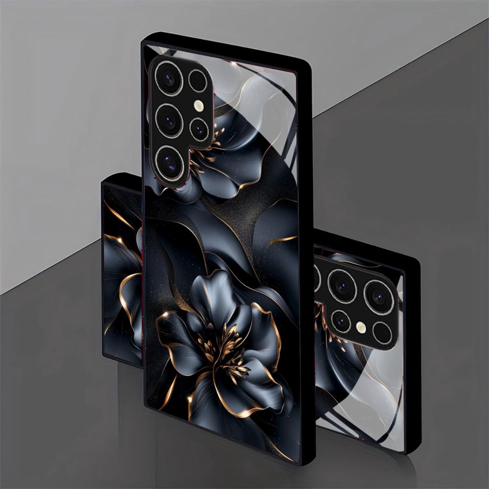 Schwarze Blumen Handyhülle Glas-Handyhülle für Samsung Galaxy S26 22 23 24 25 PLUS S21 22 23 24 25 ULTRA
