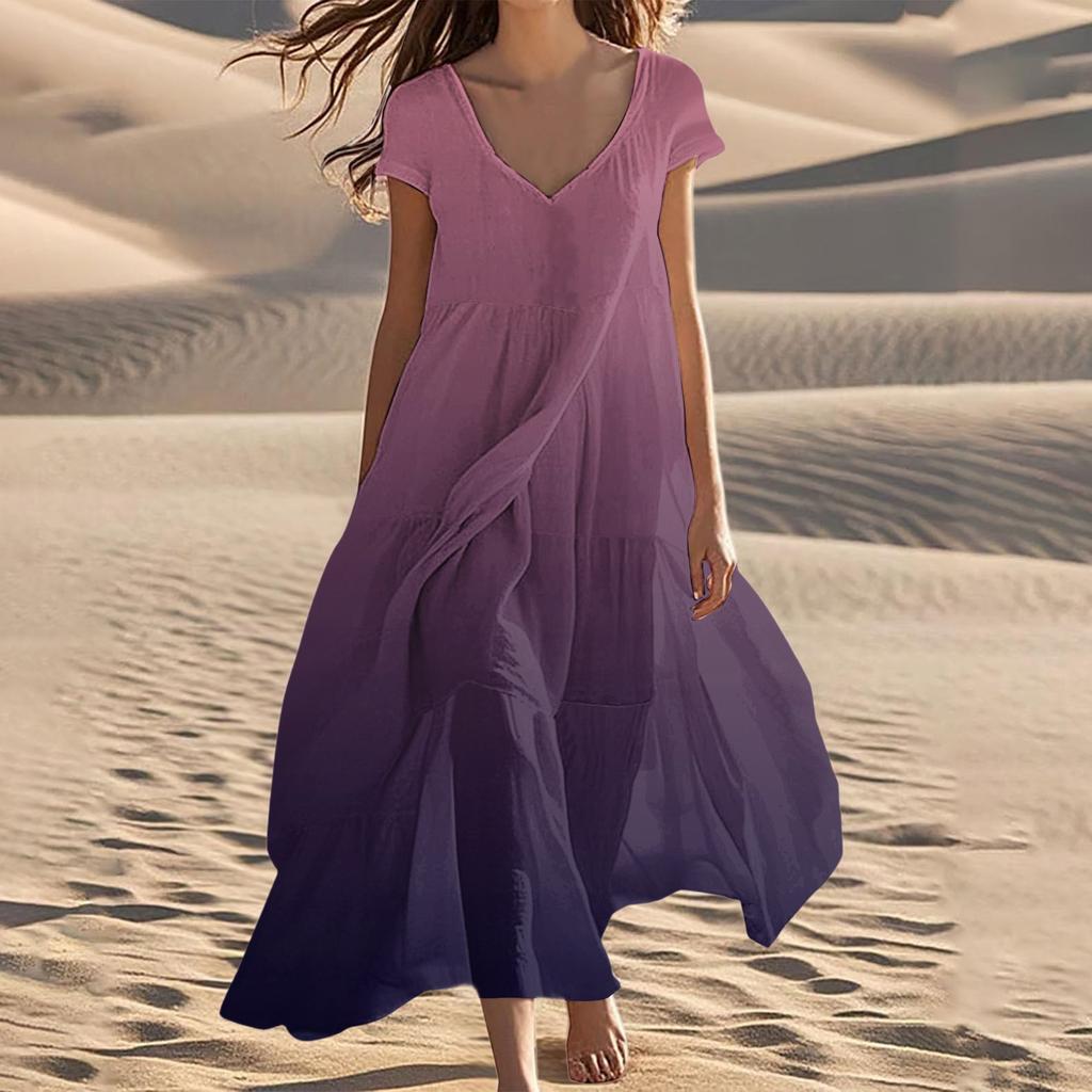 Women's Summer V-Neck Beach Long Short Sleeve Patchwork Gradient Dresses